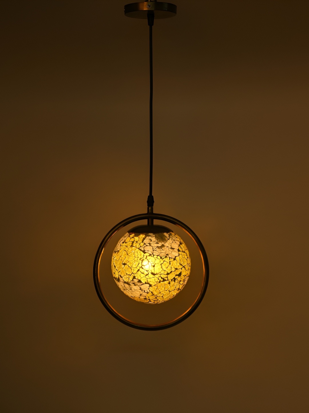 1ST TIME Yellow & Black Printed Spherical Shaped Glass Ceiling Lamp
