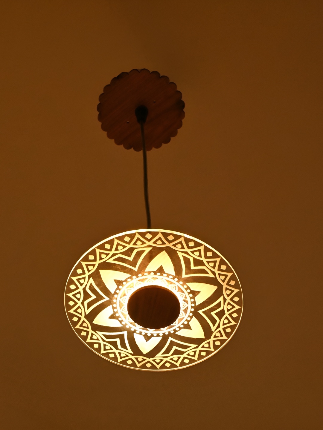 

1ST TIME White & Brown Printed Traditional Wooden Bell Shaped Ceiling Lamp