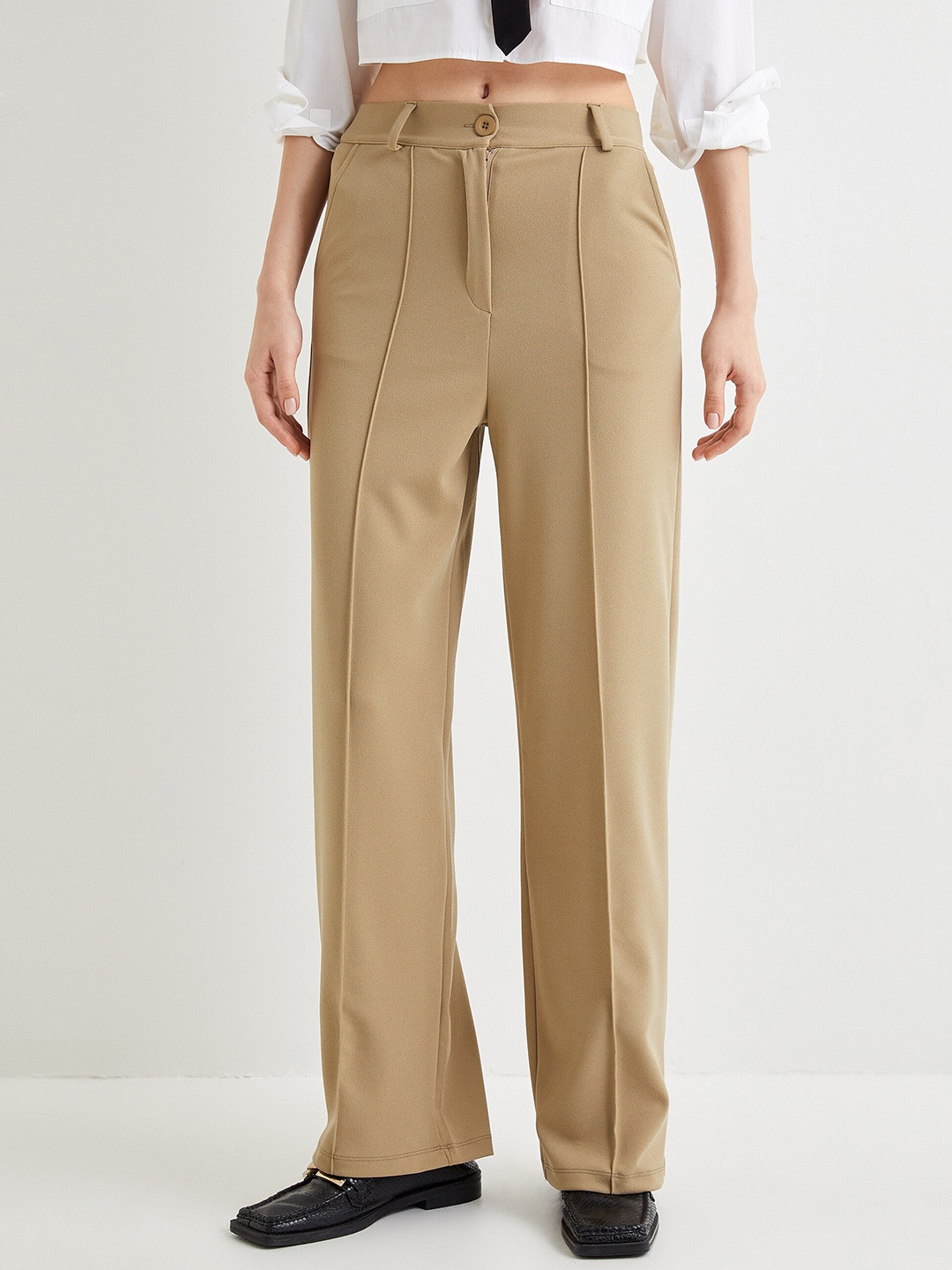 

Koton Women Flared High-Rise Bootcut Trousers, Khaki