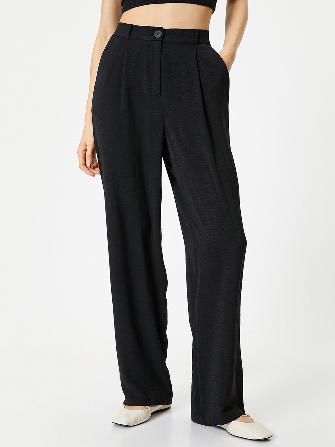 

Koton Women Straight Fit Mid-Rise Pleated Trousers, Black