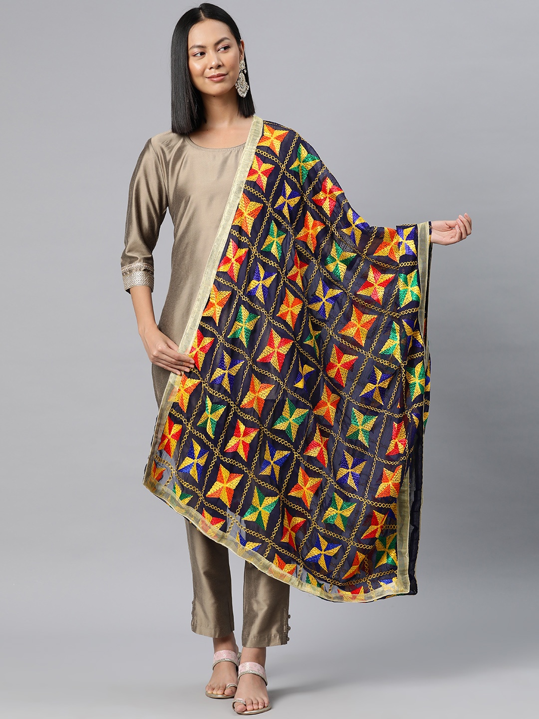 

SWI Stylish Embroidered Dupatta with Phulkari, Navy blue