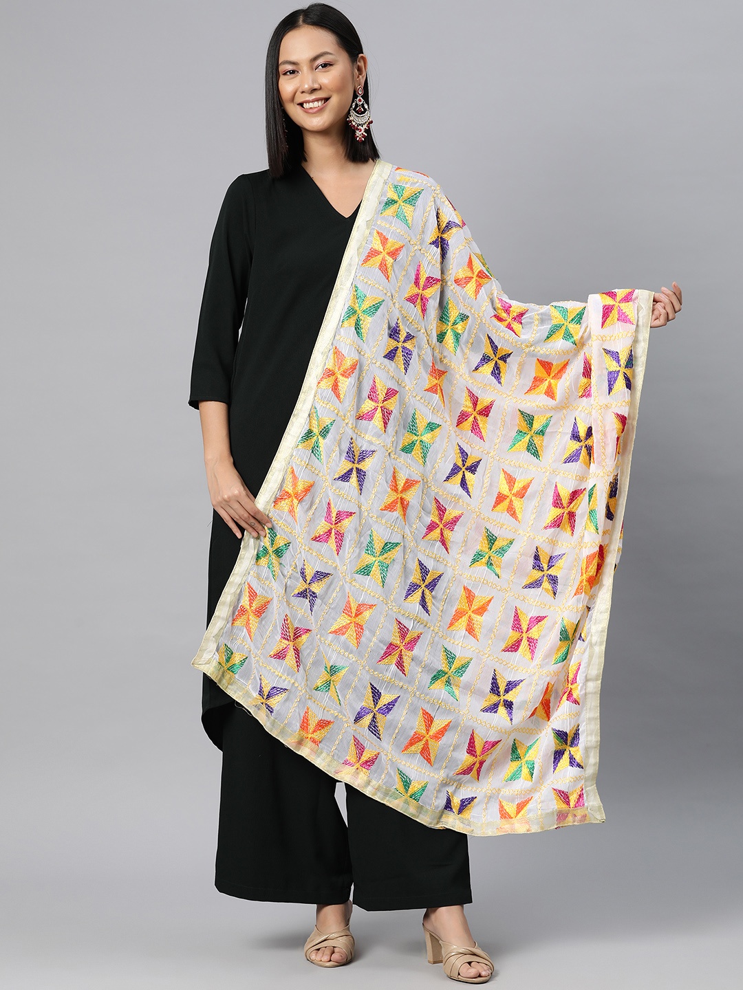 

SWI Stylish Embroidered Dupatta with Phulkari, White