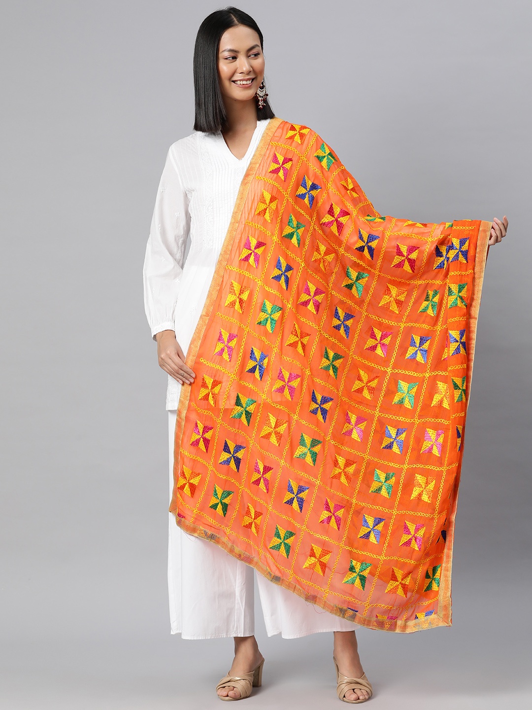 

SWI Stylish Embroidered Dupatta with Phulkari, Orange