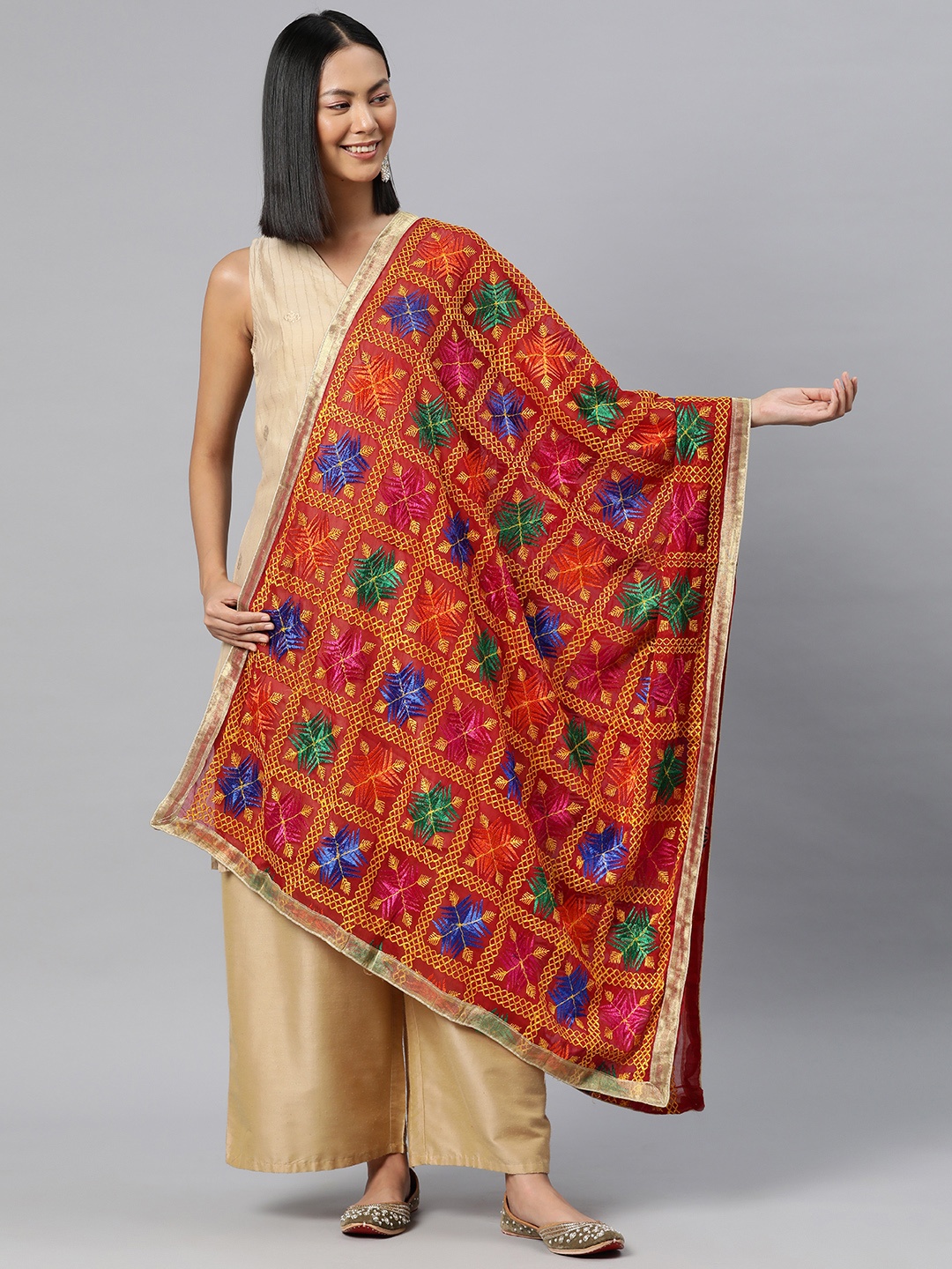 

SWI Stylish Embroidered Dupatta with Phulkari, Maroon