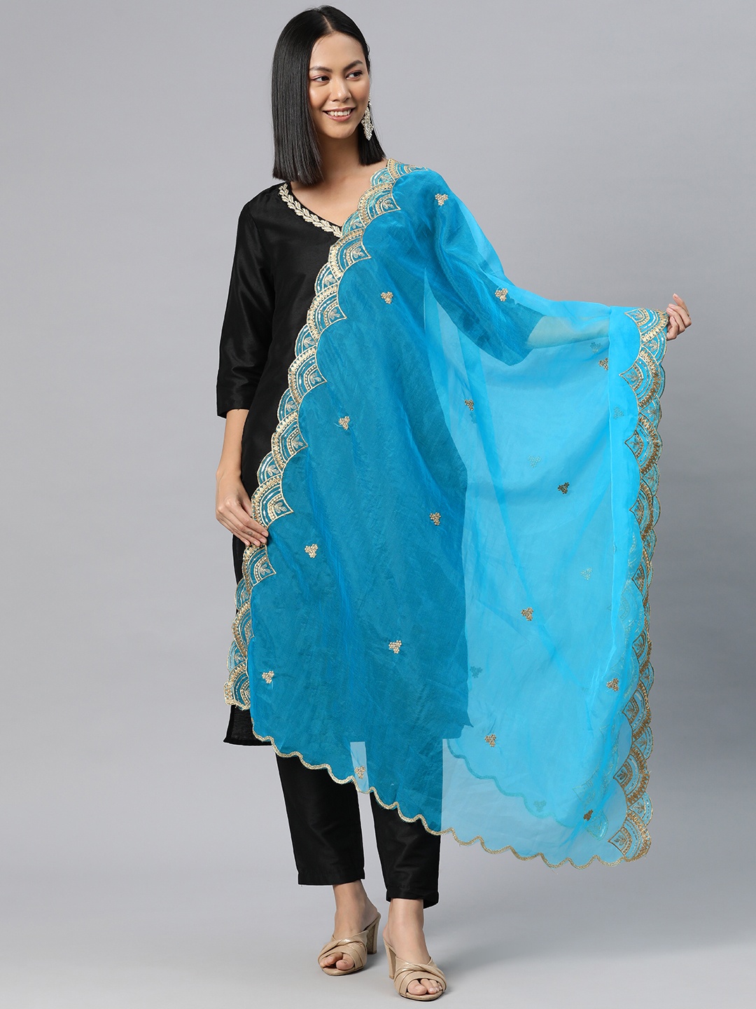 

SWI Stylish Embroidered Sequinned Organza Dupatta, Turquoise blue