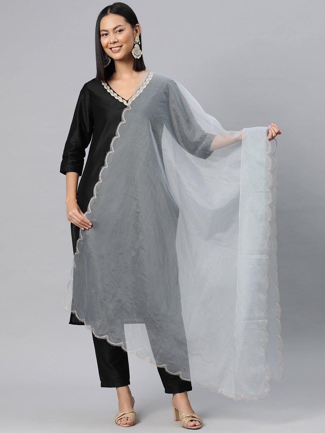 

SWI Stylish Organza Dupatta with Thread Work, Grey