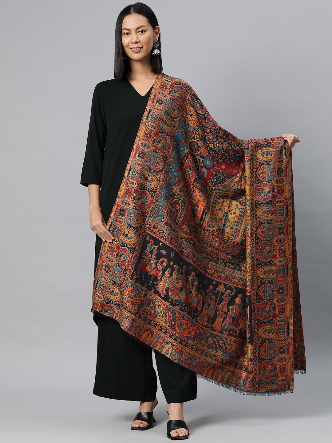 

SWI Stylish Women Ethnic Motifs Woven Design Shawl, Black