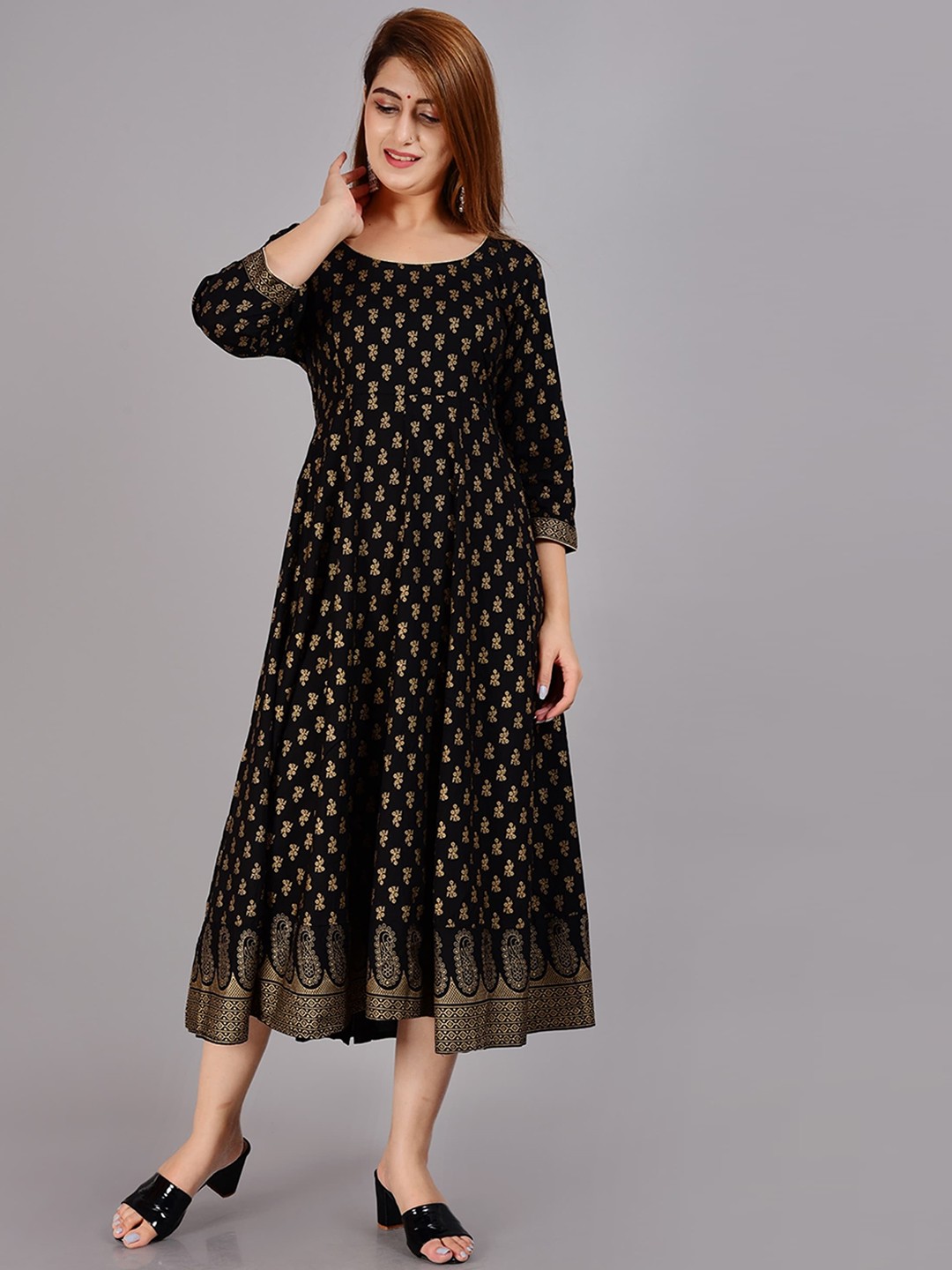 

ao services Ethnic Motifs Printed Round Neck Anarkali Kurta, Black