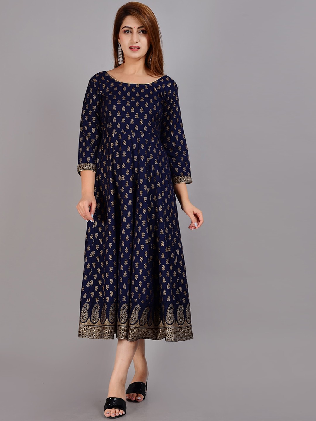 

ao services Ethnic Motifs Printed Round Neck Anarkali Kurta, Navy blue