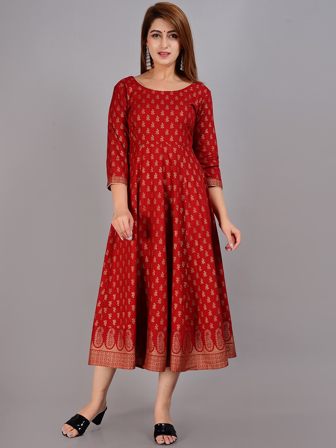 

ao services Ethnic Motifs Printed Thread Work Floral Anarkali Kurta, Red