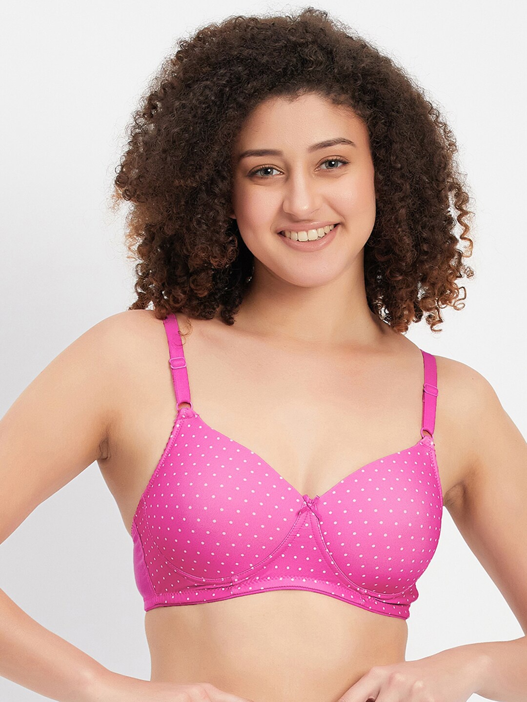 

Clovia Pink Polka Dot Printed Lightly Padded T-Shirt Bra With All Day Comfort