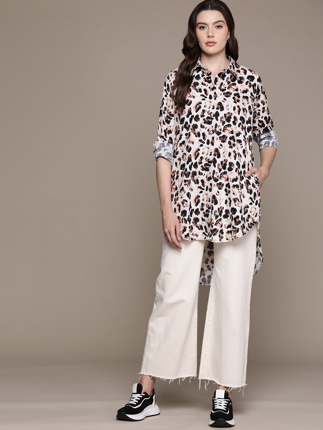 

Roadster Women Animal Printed Longline Casual Shirt, Beige