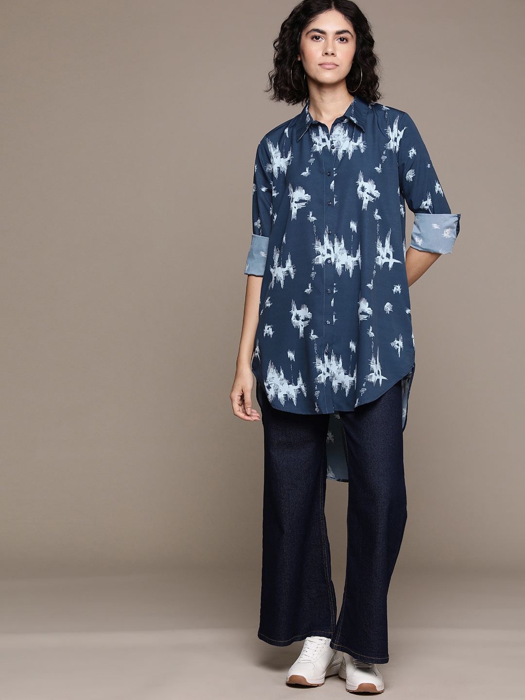 

Roadster Women Abstract Printed Longline Casual Shirt, Navy blue