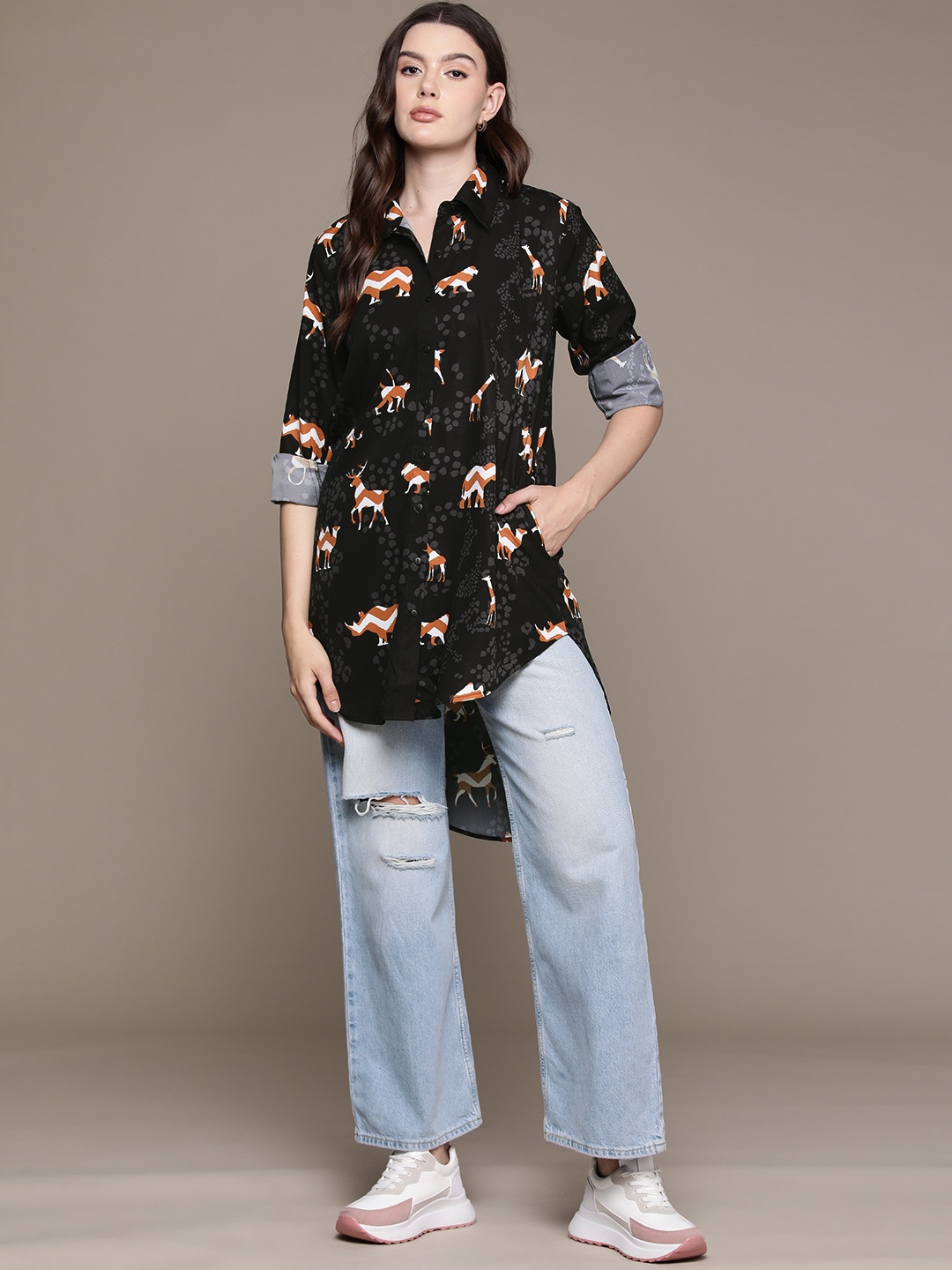 

Roadster Women Conversational Printed Longline Casual Shirt, Black