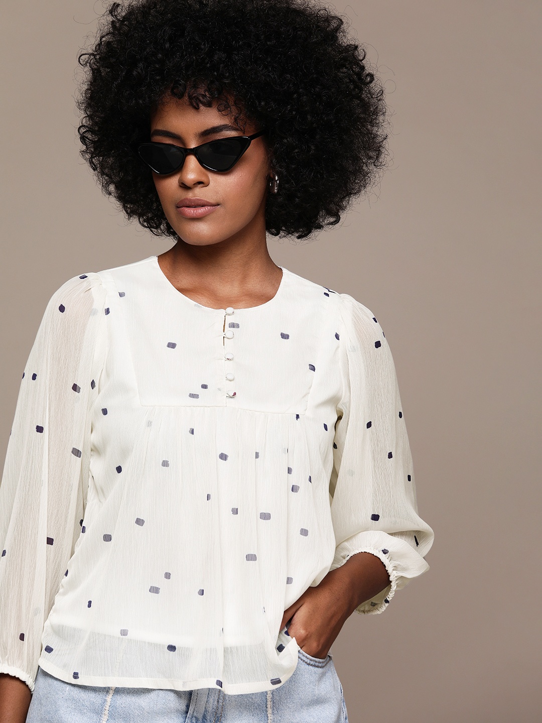 

Roadster Print Bishop Sleeves Chiffon Top, Off white