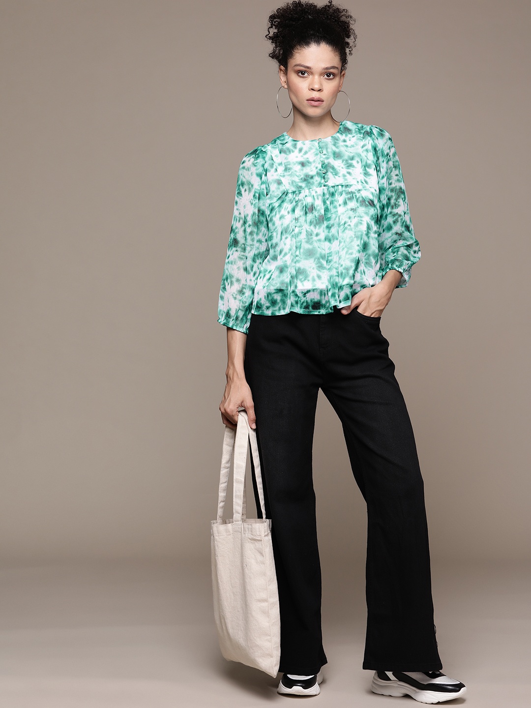

Roadster Tie & Dye Print Puff Sleeves Chiffon Top, Teal