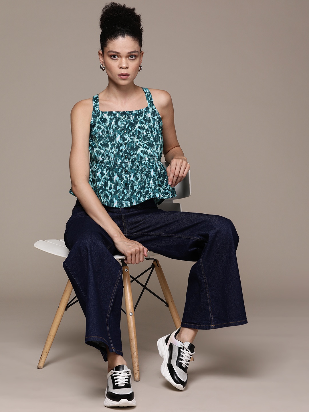 

Roadster Print Cotton Cambric Peplum Top, Turquoise blue