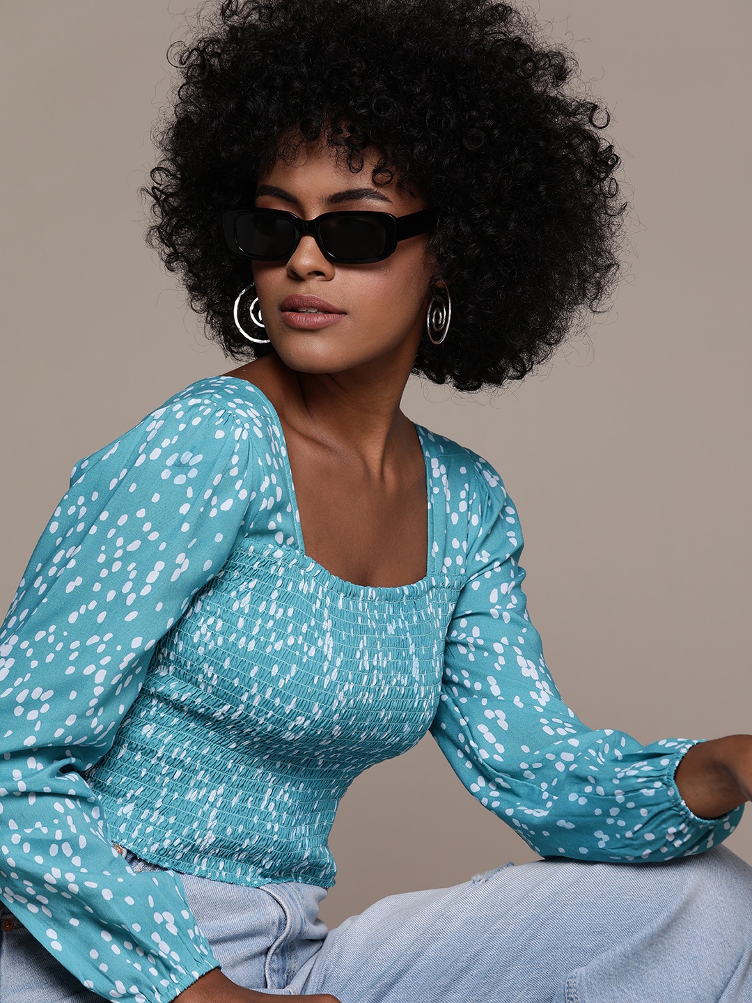 

Roadster Print Bishop Sleeves Smocked Blouson Crop Top, Teal