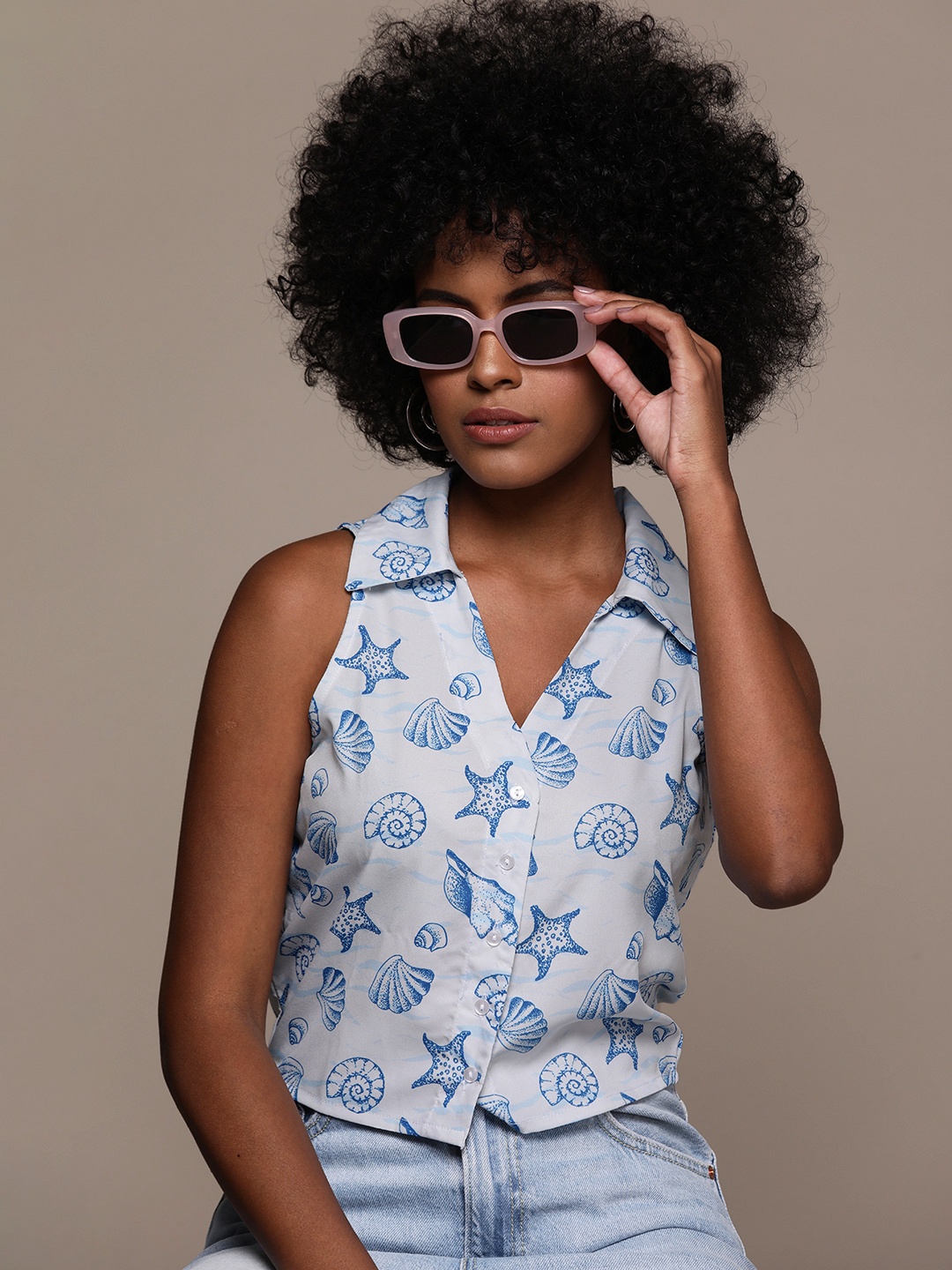 

Roadster Print Crepe Shirt Style Crop Top, Blue