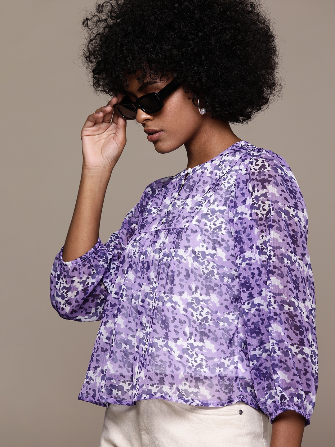 

Roadster Print Bishop Sleeves Chiffon Top, Lavender