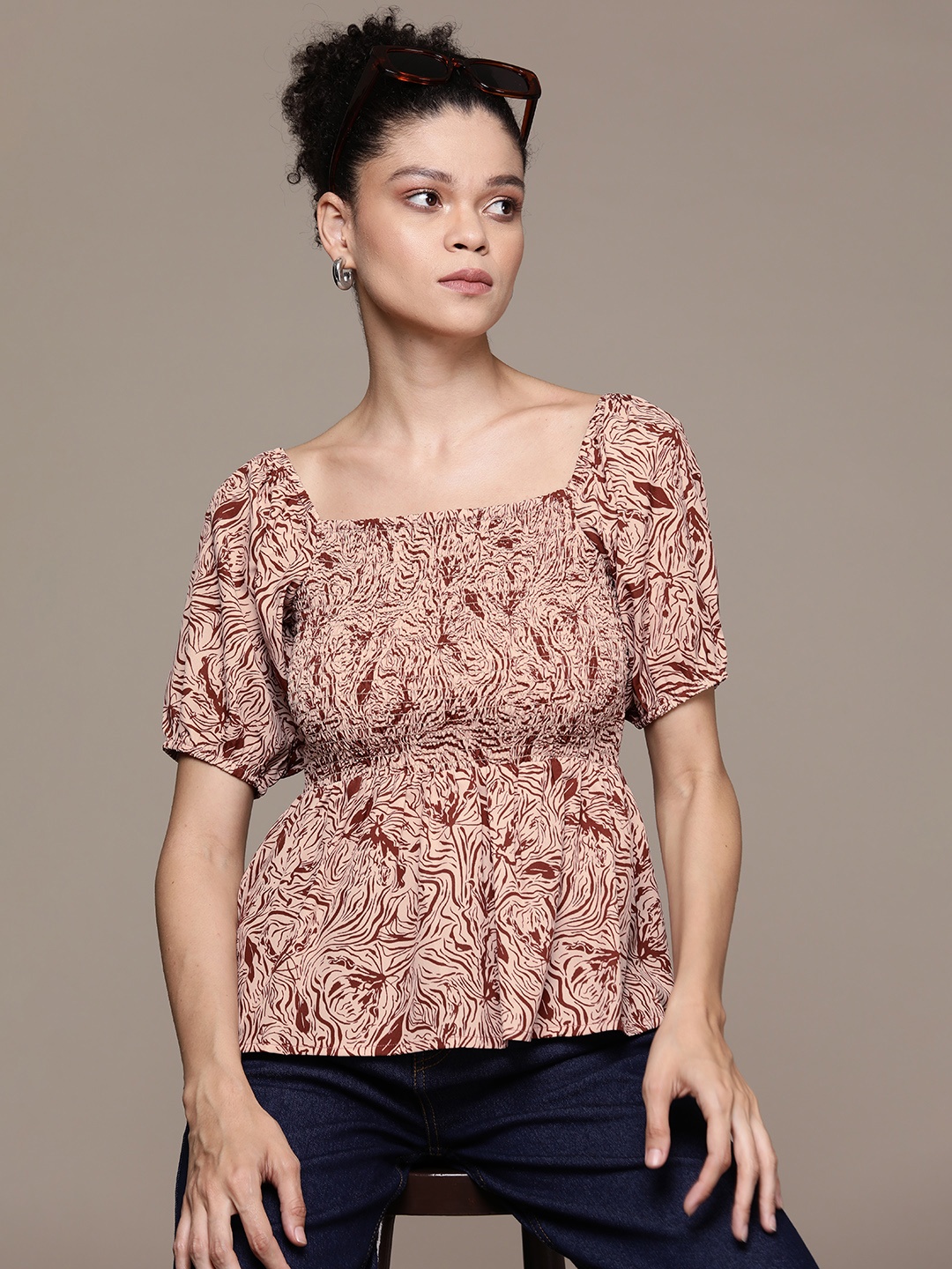 

Roadster Print Puff Sleeve Crepe Peplum Top, Brown