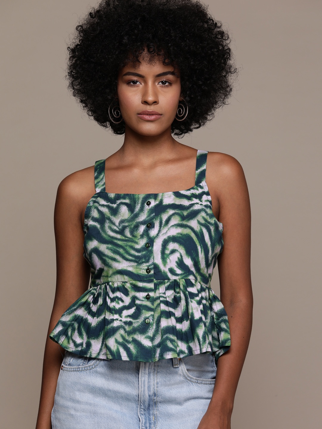 

Roadster Abstract Print Cotton Peplum Top, Green