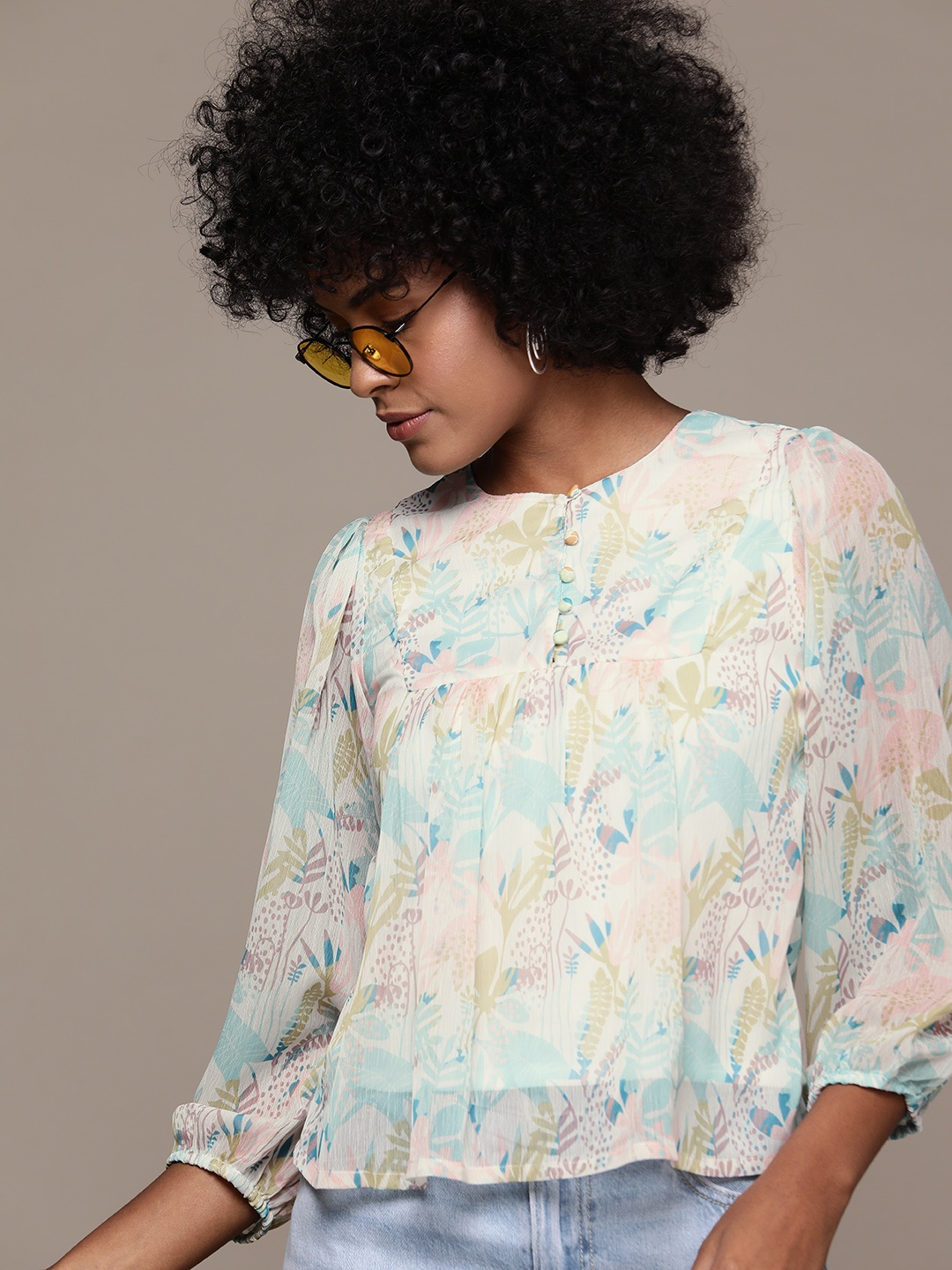 

Roadster Tropical Print Bishop Sleeves Chiffon Top, Multi