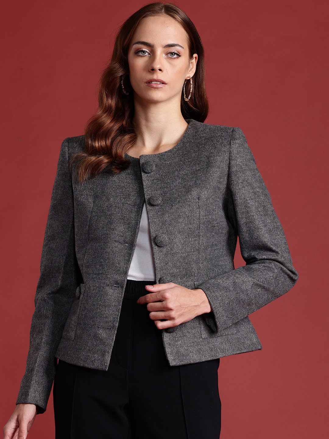 

all about you Luxe Collection Single-Breasted Tweed Blazer, Charcoal