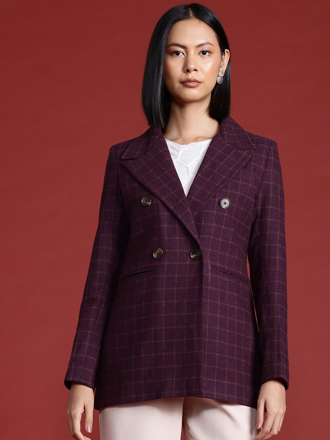 

all about you Peak Lapel Checked Double-Breasted Blazer, Burgundy