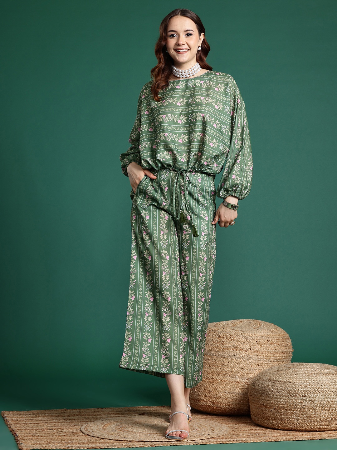 

Sangria Printed Top With Trousers Co-Ord Set, Green