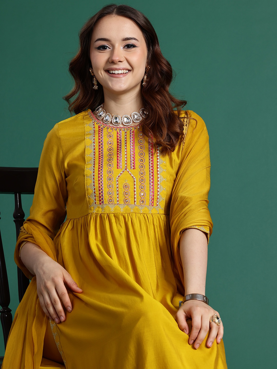 

Sangria Embroidered Pleated Kurta Set With Dupatta, Mustard