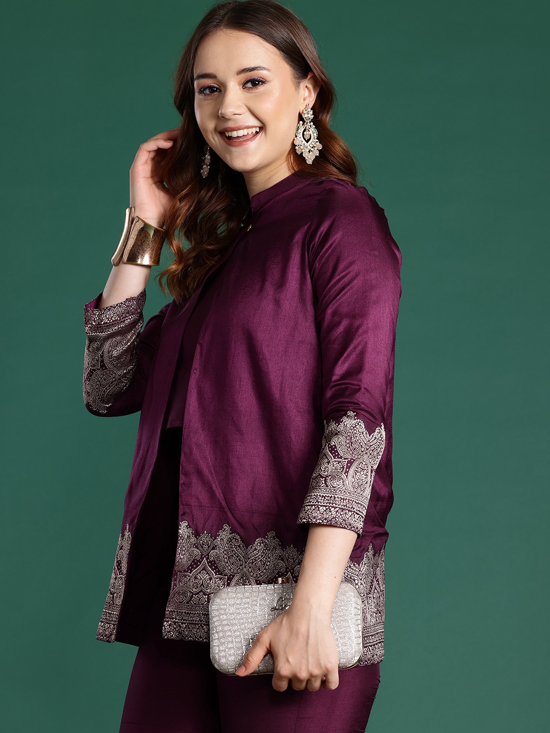 

Sangria Brocade Floral Woven Design Jacket With Top & Trousers Co-Ords, Burgundy