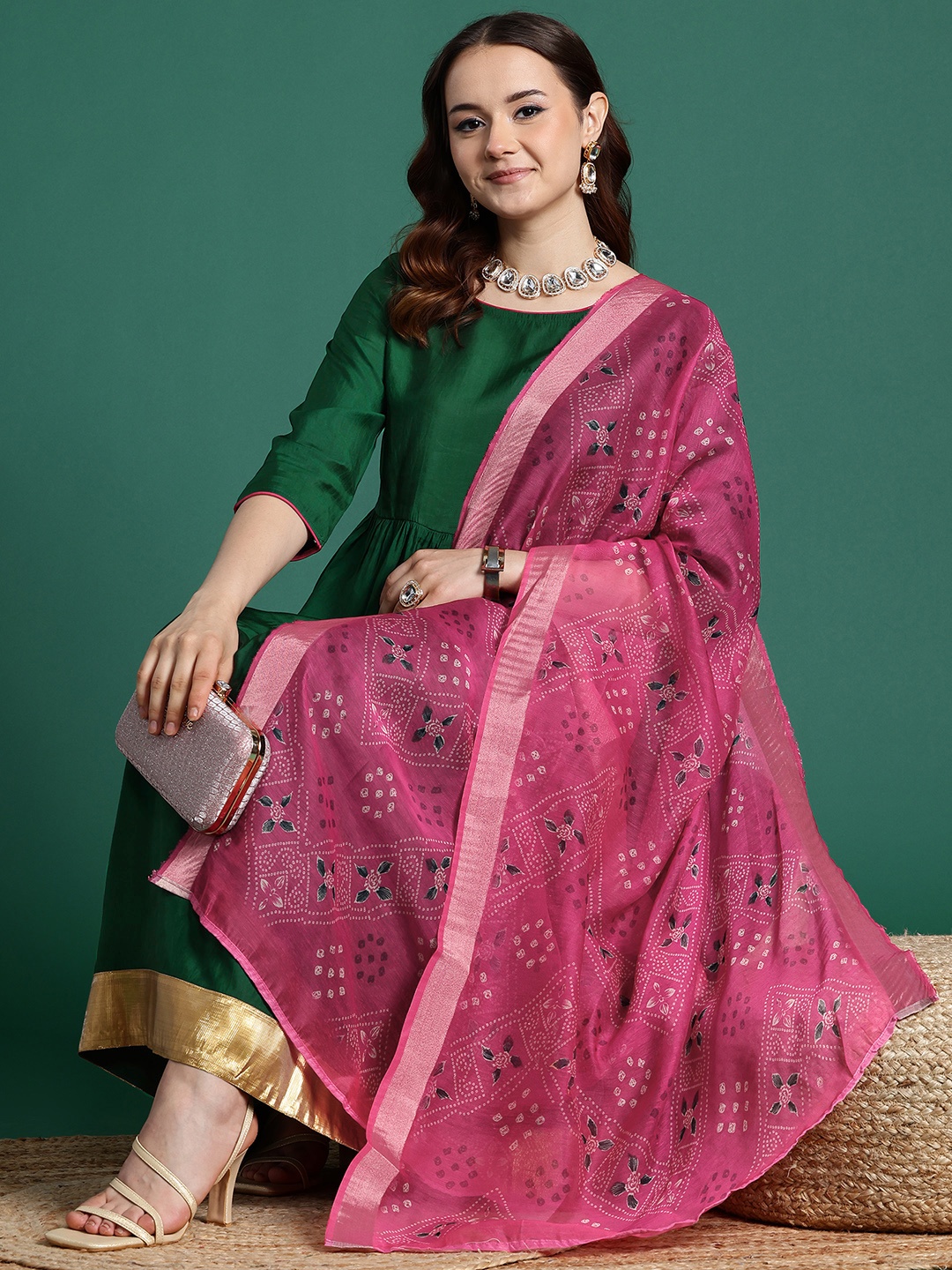 

Sangria Empire Kurta with Trousers & With Dupatta, Green