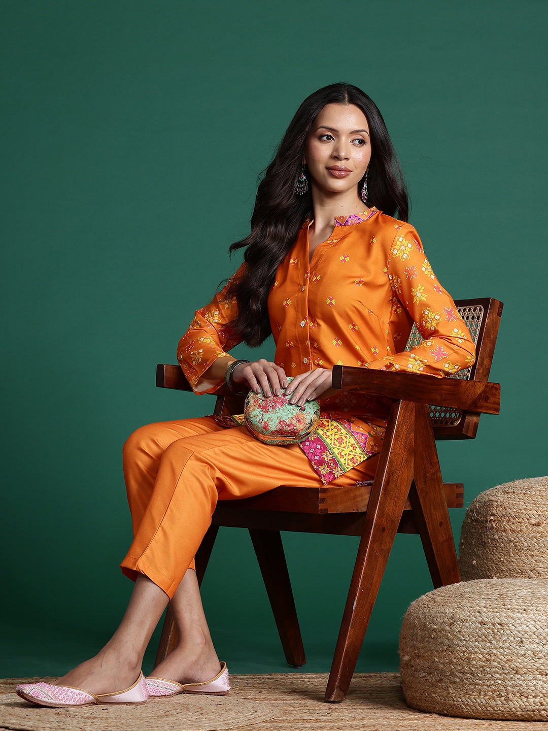 

Sangria Ethnic Motifs Printed Kurta With Trousers, Orange