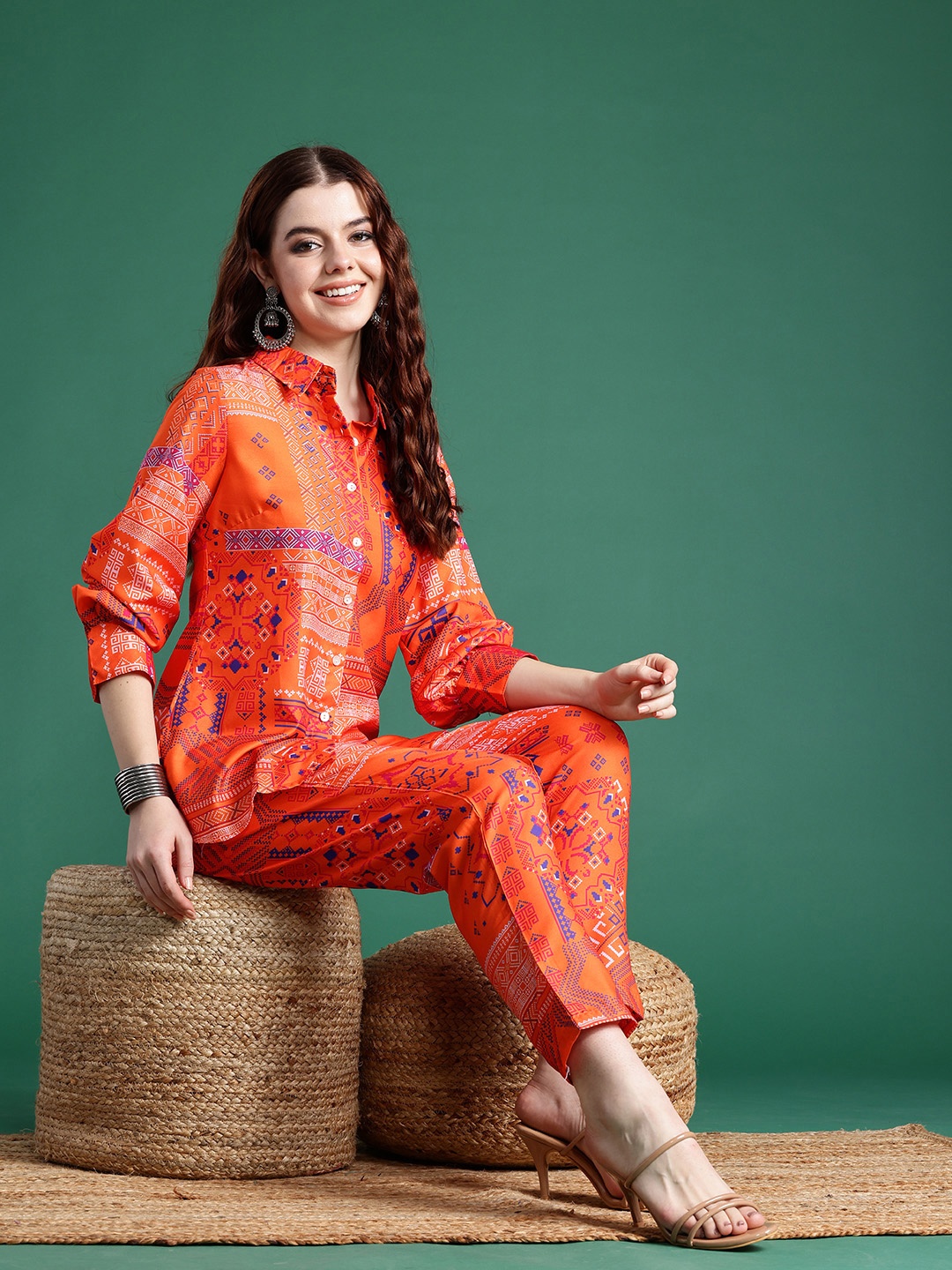 

Sangria Printed Shirt Collar Ethnic Shirt With Trousers, Orange