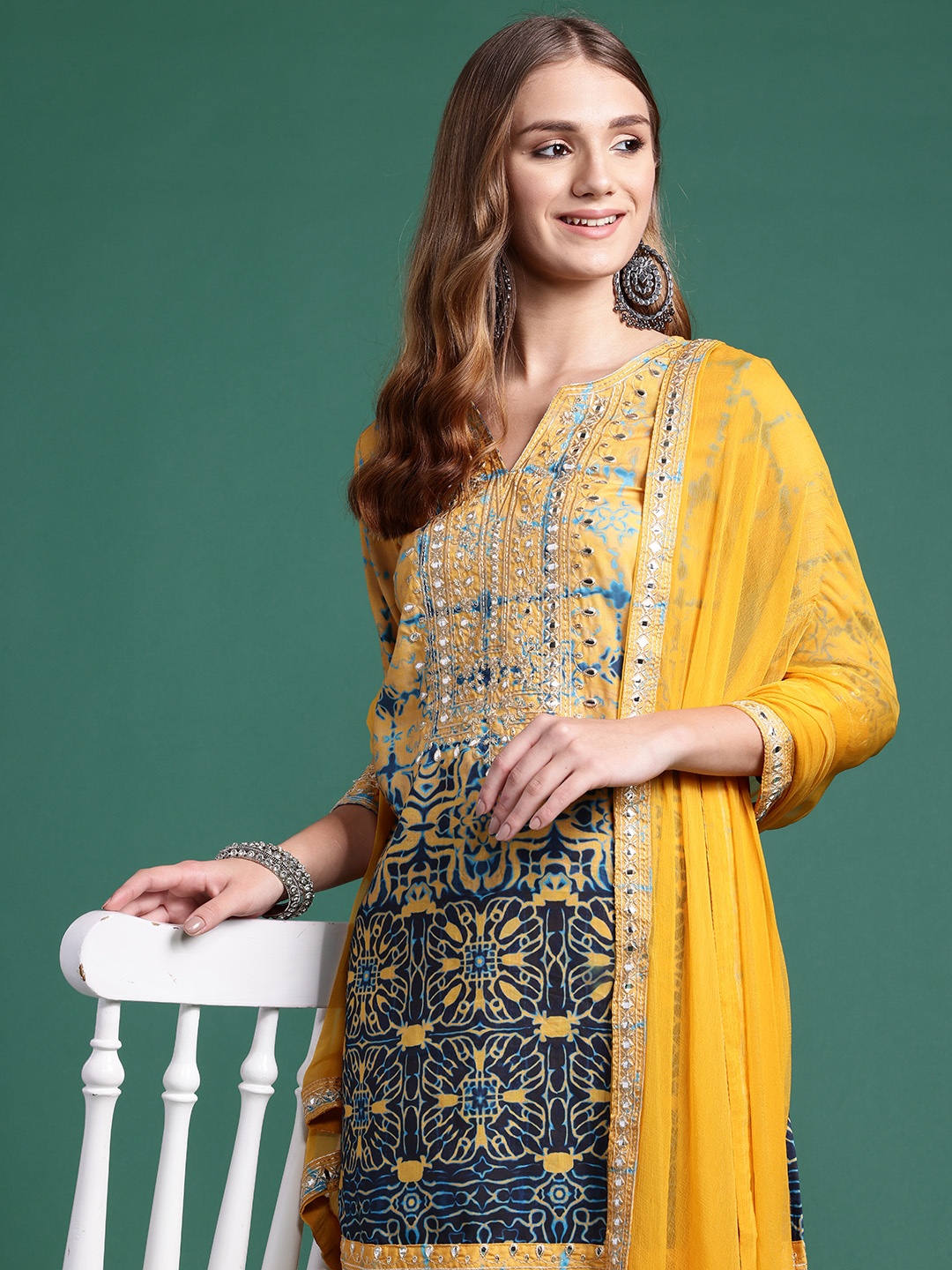 

Sangria Ethnic Motifs Print Mirror Work Zari Embroidered Kurta with Sharara & Dupatta, Mustard