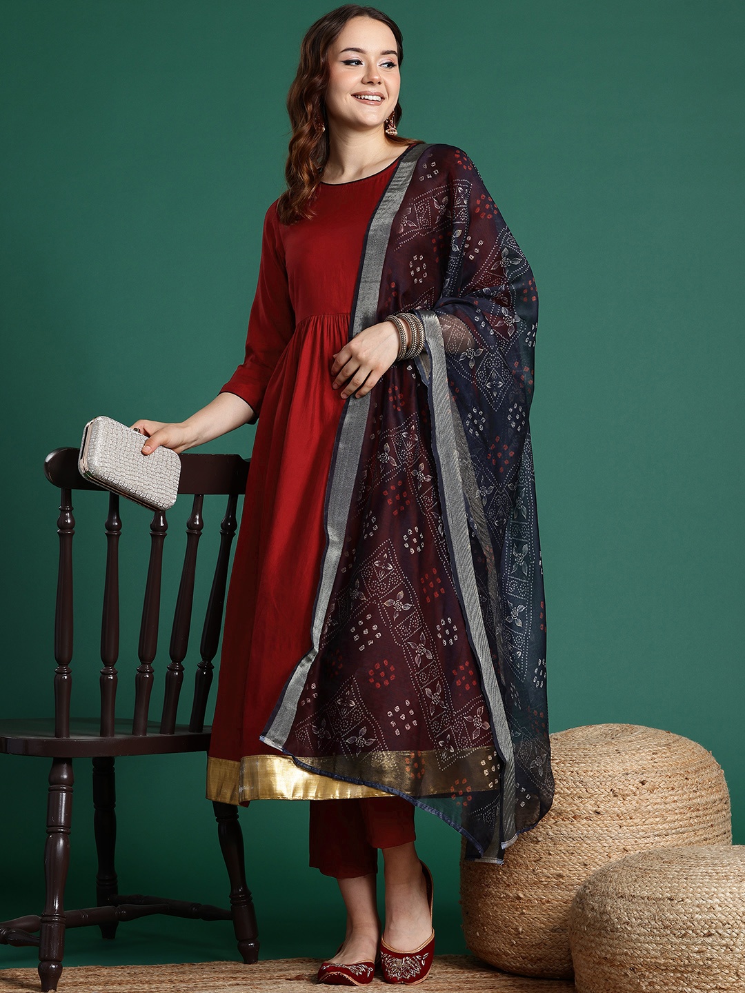 

Sangria Gotta Patti Empire Kurta with Trousers & With Dupatta, Maroon