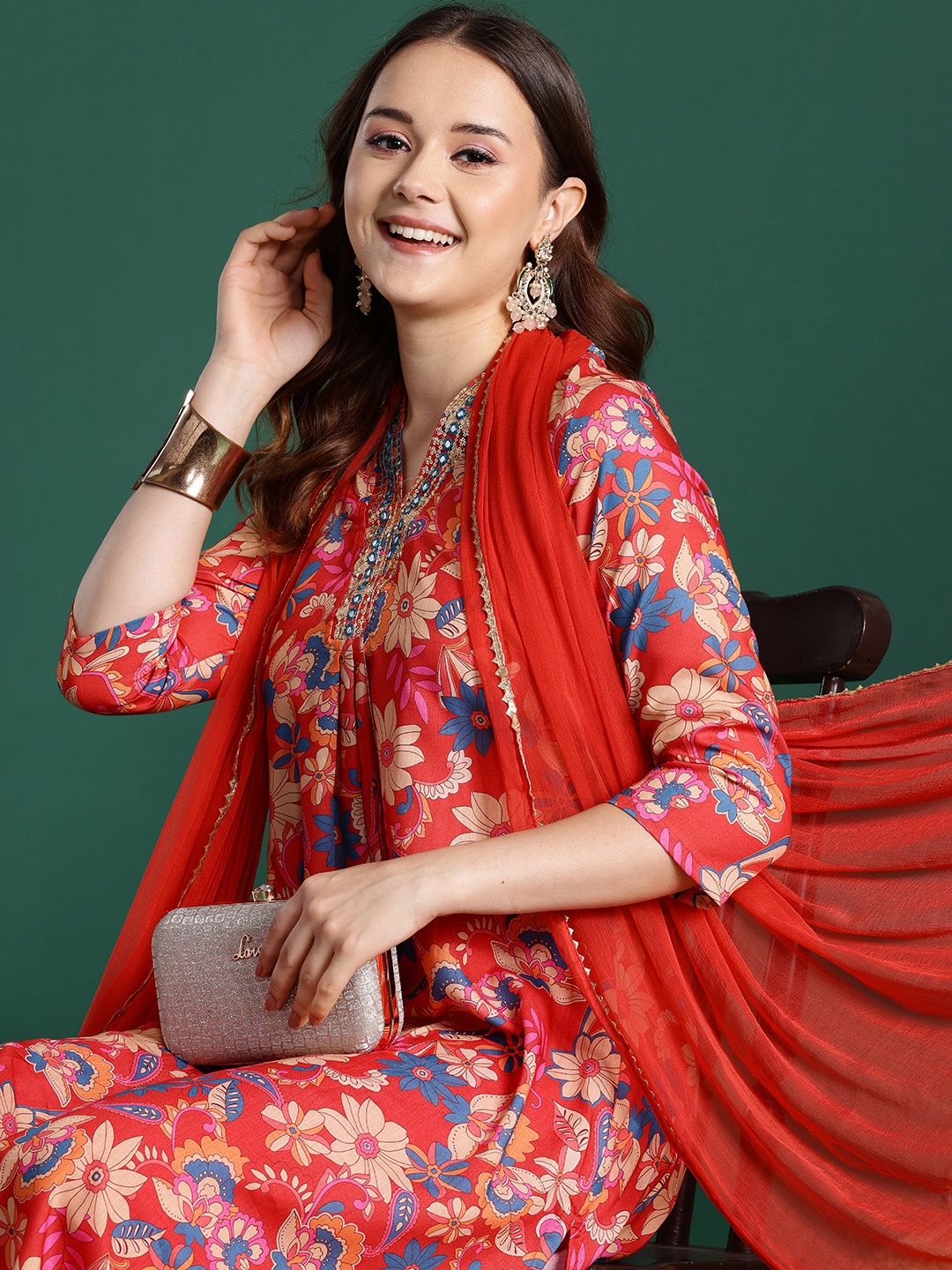 

Sangria Floral Printed Mirror Work Gota Patti Detail Kurta With Trousers & Dupatta, Red