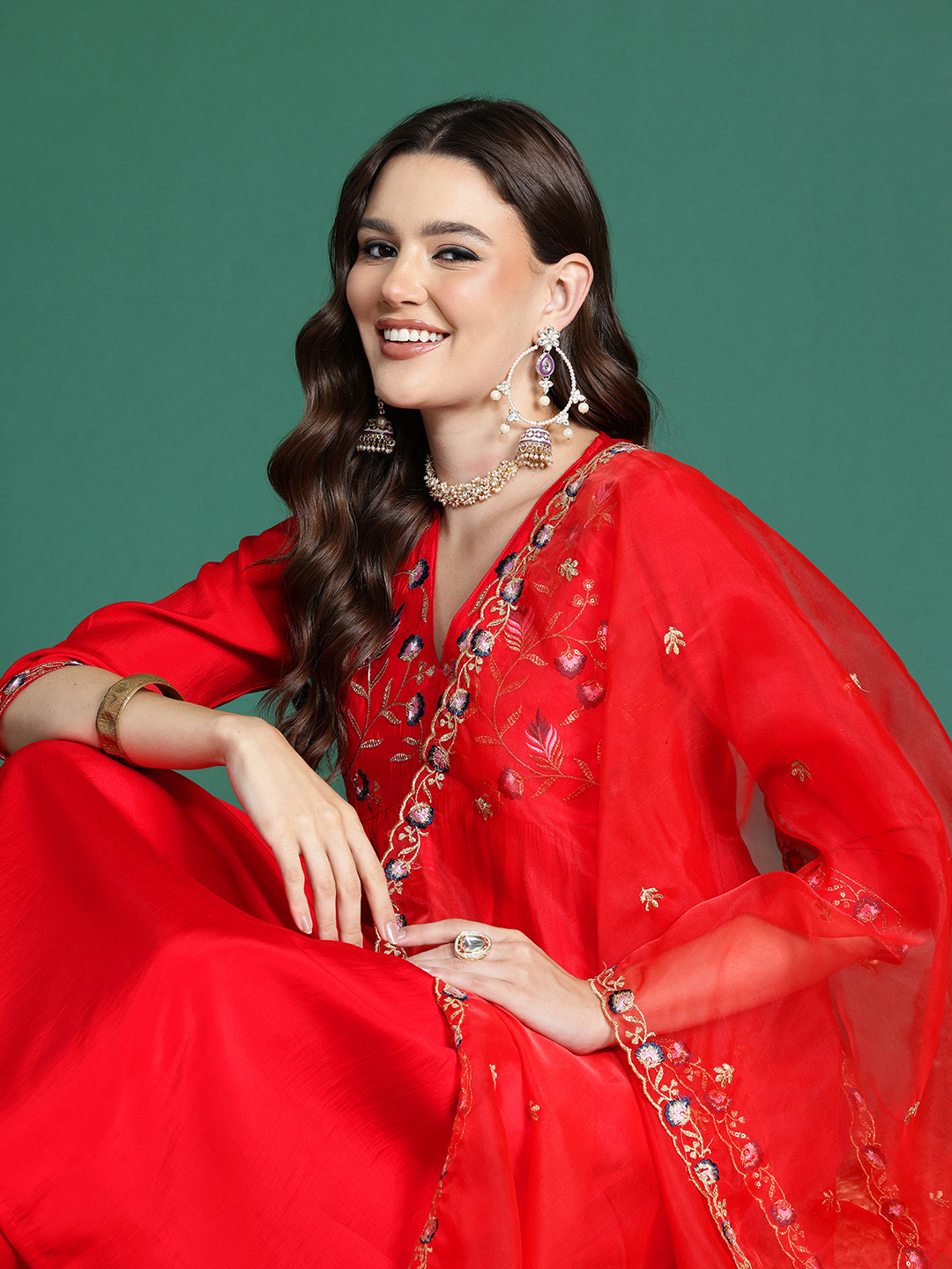

Sangria Cherry Red Embroidered Sequined Empire Kurta With Trousers & Dupatta