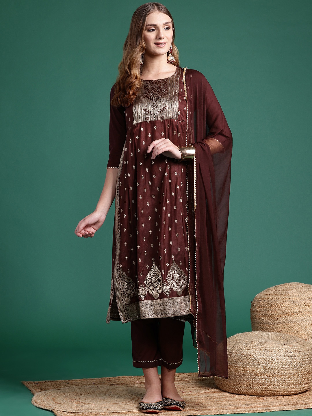 

Sangria Woven Design Straight Festive Kurta Set, Coffee brown