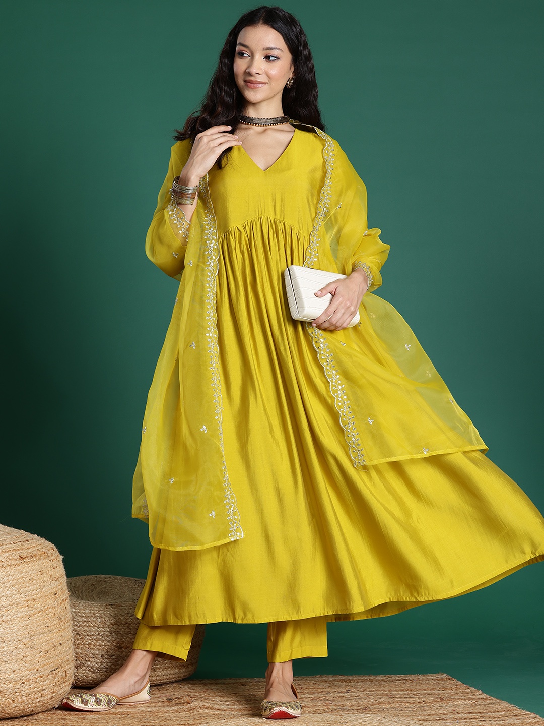 

Sangria Pleated Kurta Set With Embroidered Detail Net Dupatta, Mustard