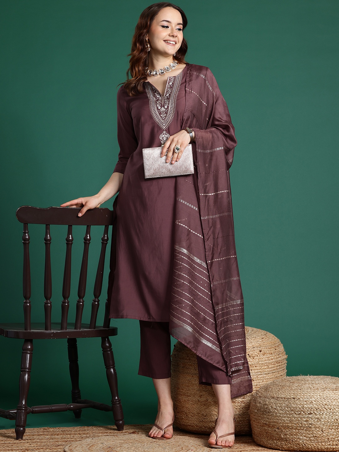 

Sangria Embroidered Straight Kurta Set With Dupatta, Brown