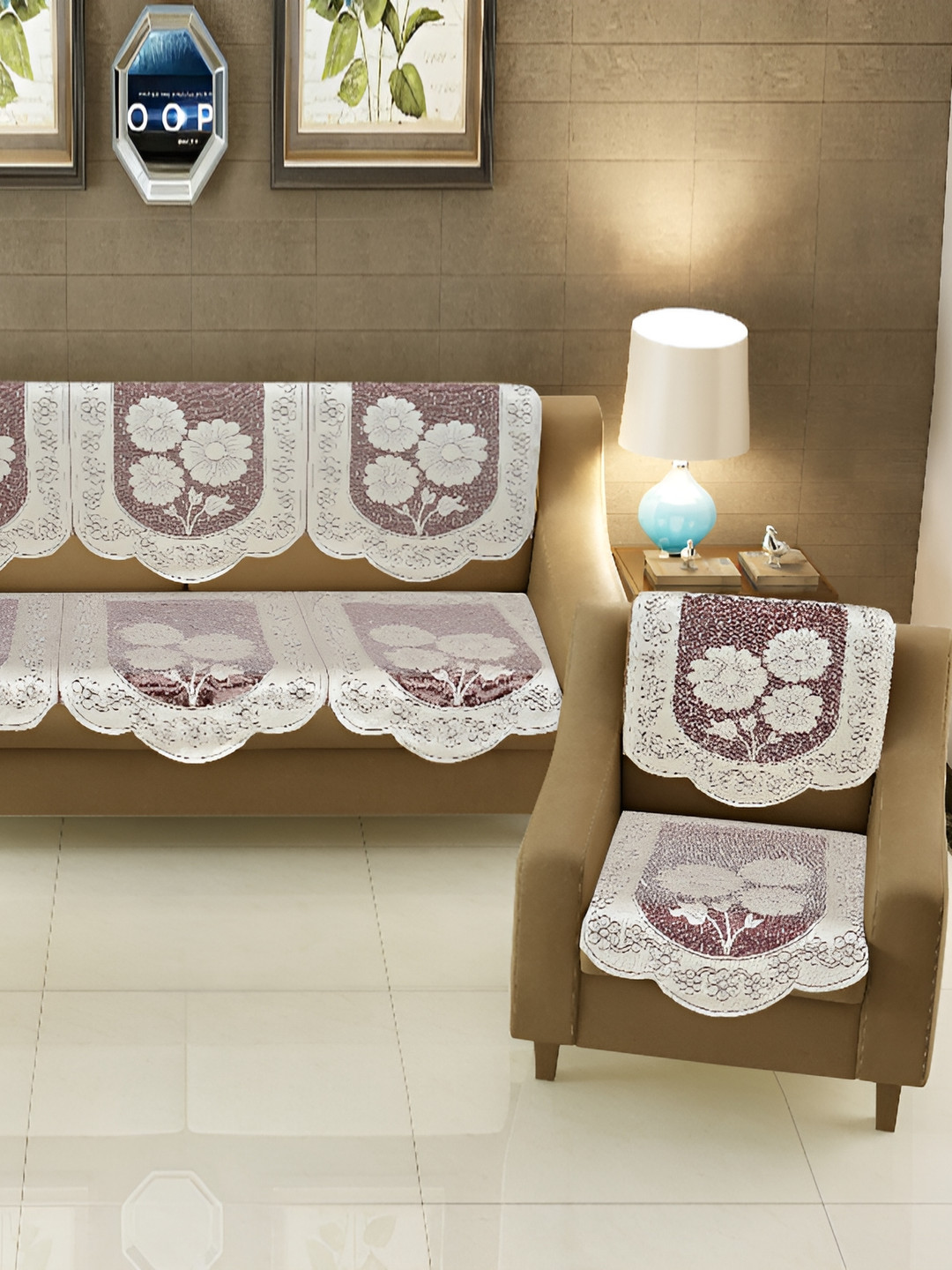 

BIGGER FISH Maroon & Cream Embroidered 5 Seater Sofa Cover