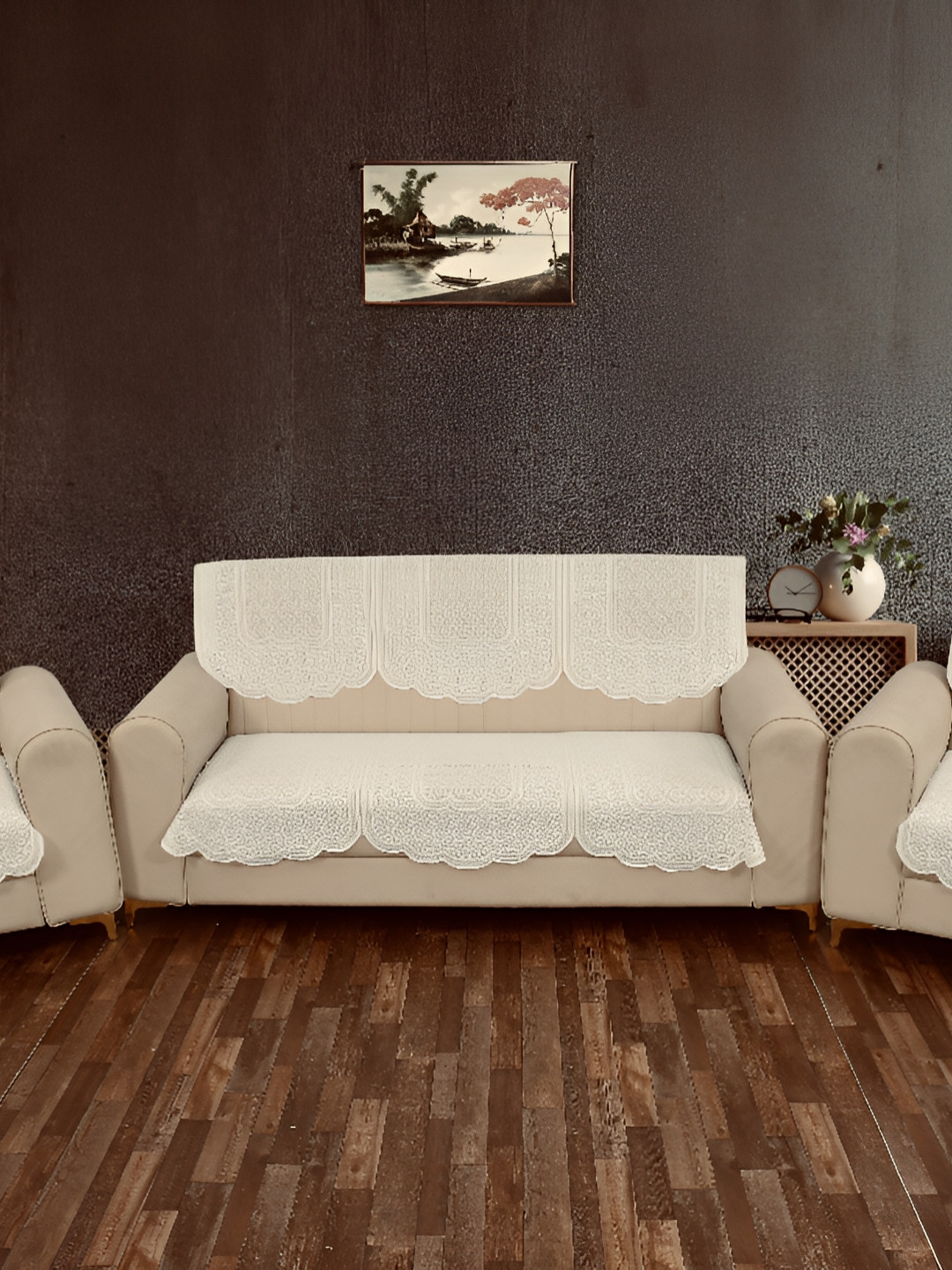 

BIGGER FISH Beige Embroidered 5 Seater Sofa Cover