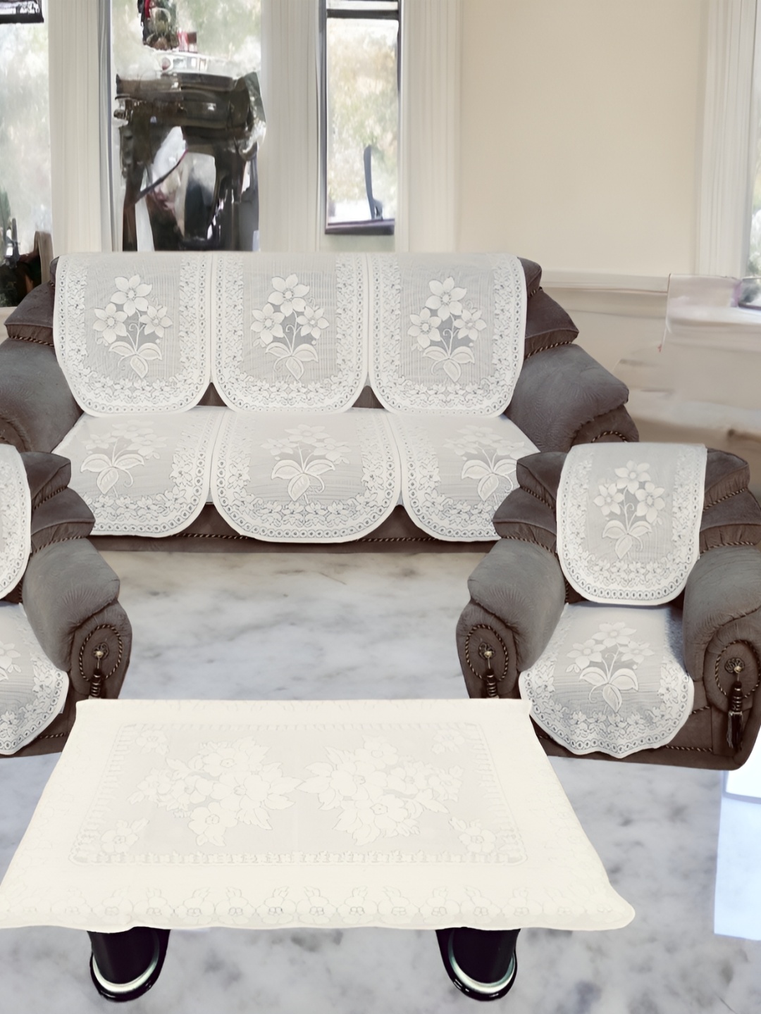 

BIGGER FISH Beige Floral Embroidered 10 Pcs 5 Seater Sofa Cover