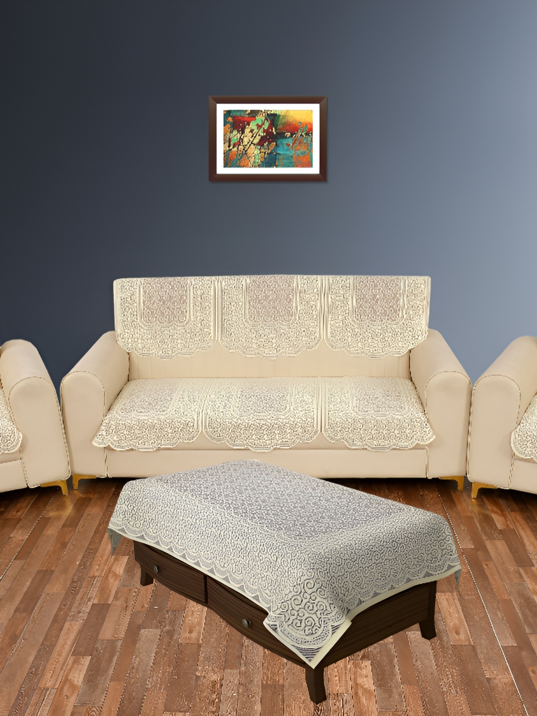 

BIGGER FISH Beige Floral Embroidered 10 Pcs 5 Seater Sofa Cover