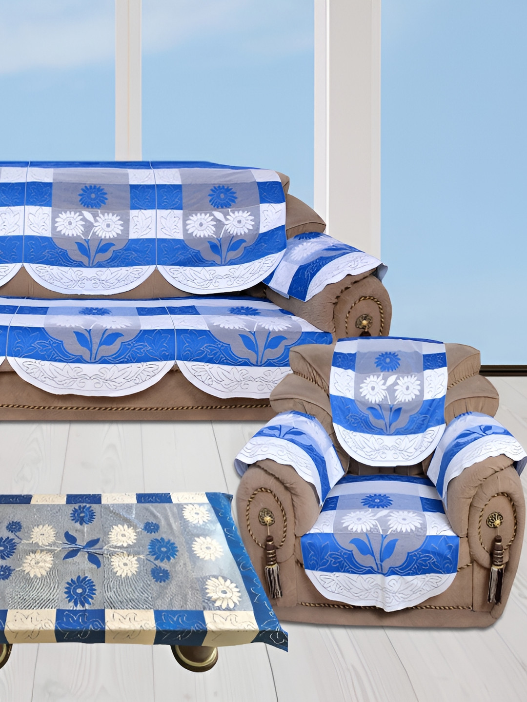 

BIGGER FISH Blue & White Embroidered 5 Seater Sofa Cover