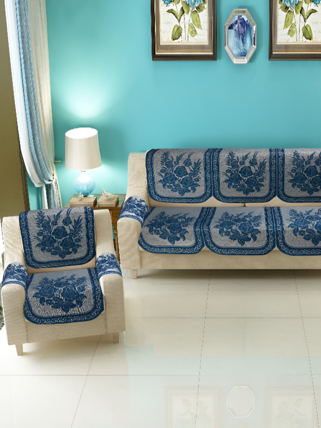 

BIGGER FISH Blue 16 Pieces Self Design Sofa Covers