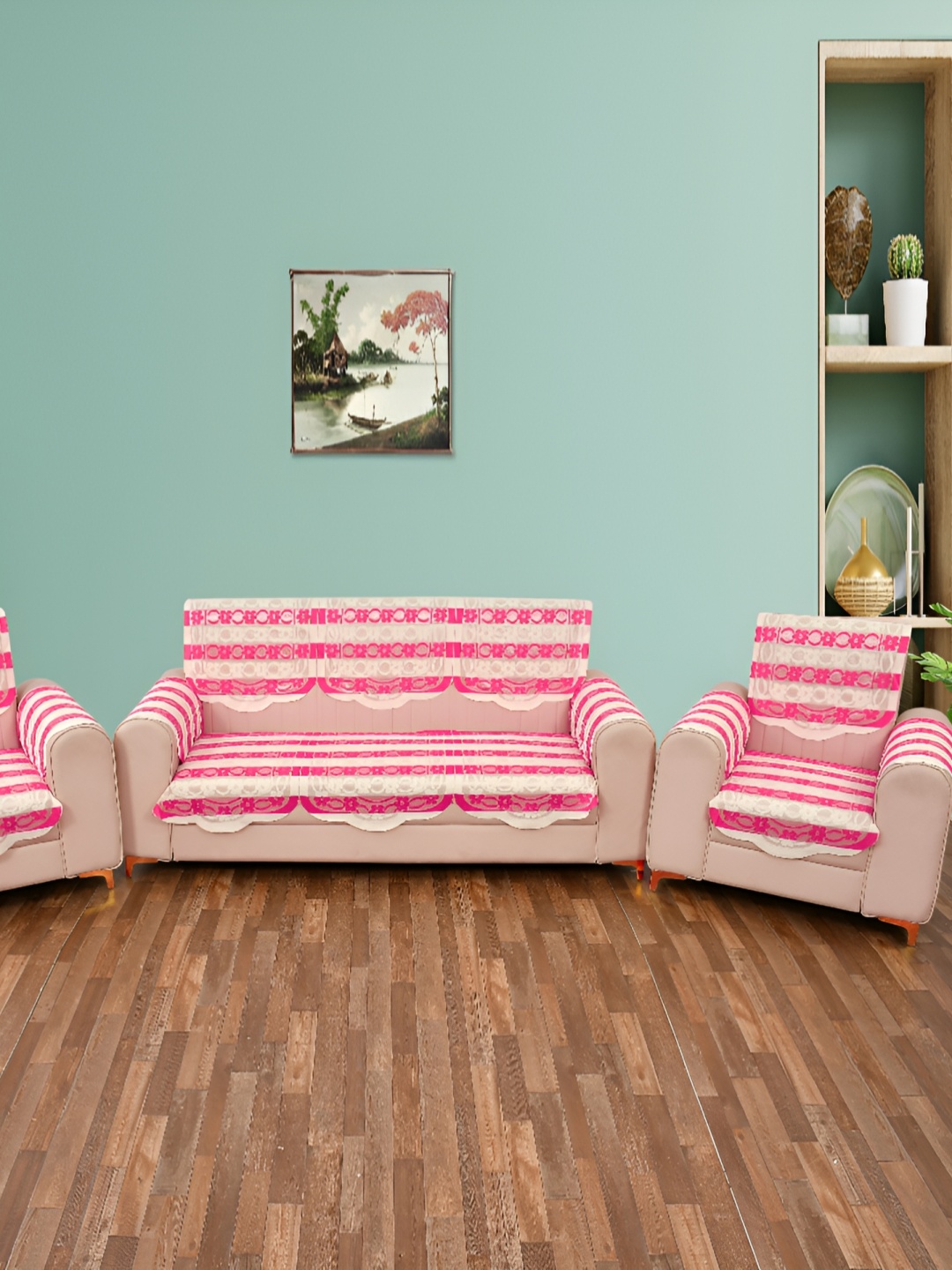 BIGGER FISH Pink & Cream Embroidered 5 Seater Sofa Cover