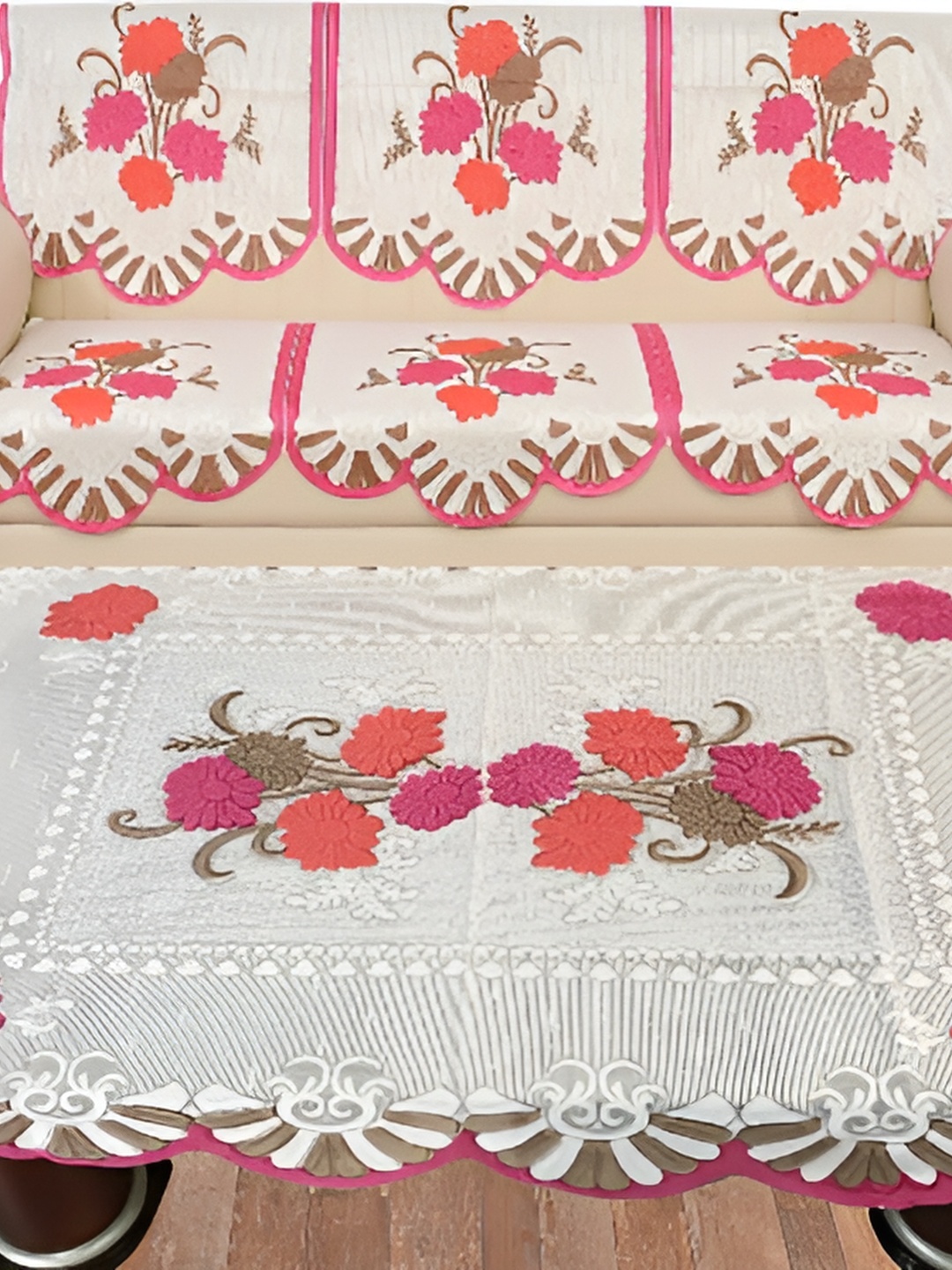 

BIGGER FISH Pink and White 10 Pieces Self Design Cotton Sofa Covers